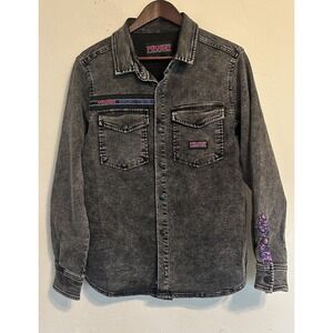 Pit Viper Sport Denim Button‎ Up XS Acid Wash Black Retro Logo Streetwear 90s